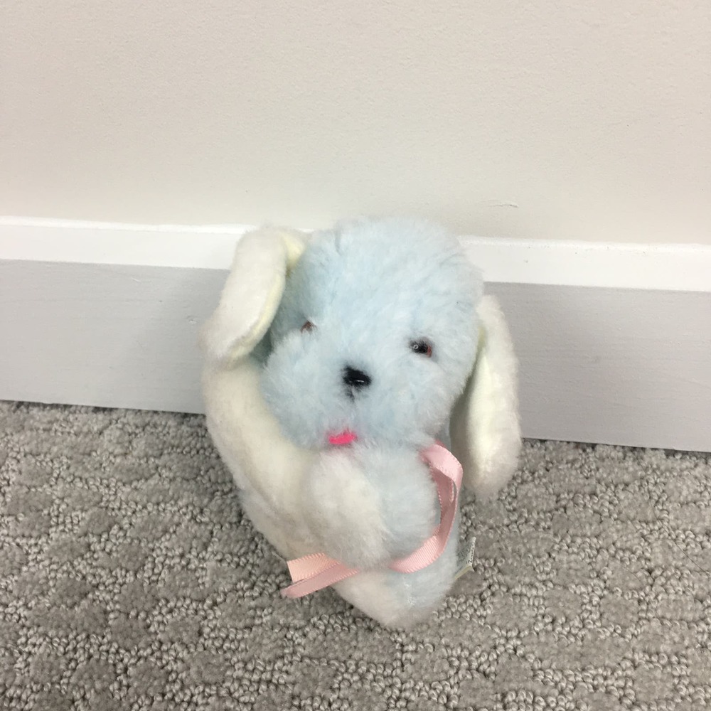 Sitting Puppy Dog Soft Stuffed Animal Plush Toy with Pink Ribbon Blue White